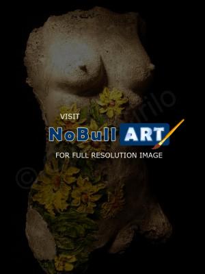 Sculpture - Nude Girl Life Size Torso With Flowers - Bronse Patina On Indoor Castin